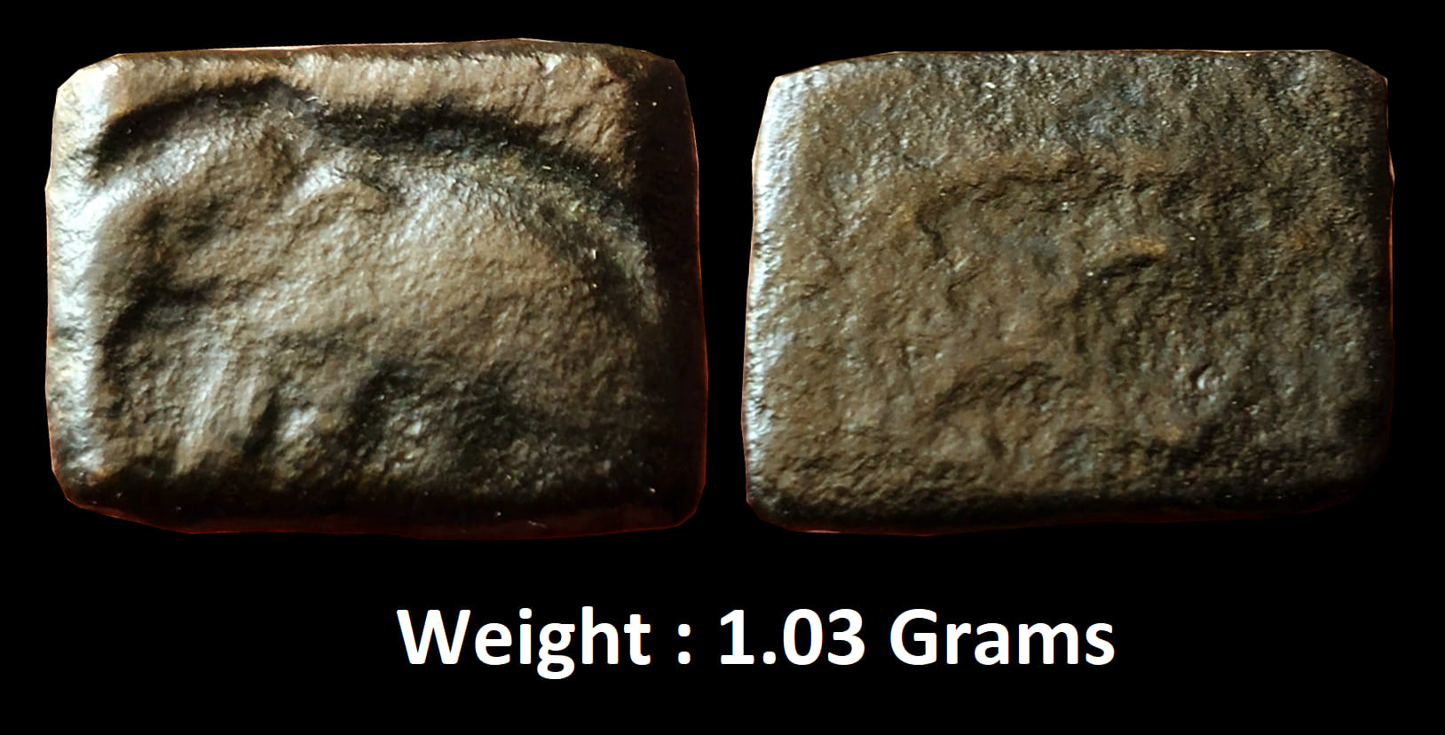 Ancient ; Central India Coinage ; Copper Unit
Elephant with trunk downwards and walking towards left with traces of animal motif on reverse ; Weight : 1.03 Grams