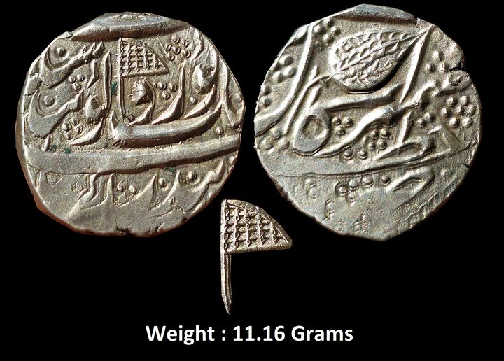 Independent Kingdom ; Sikh Empire,
Governor Diwan Moti Ram, Kashmir Mint, Silver Rupee, 'Gobind Shahi' Couplet,
Obv: deg tegh o fath nusrat be-dirang yaft az nanak guru gobind singh, flag & beaded flower, Rev: zarb kashmir, vs date & leaf,
Weight : 11.16 Grams ; (Herrli # 06.15.04)
Extremely fine ; Very Rare.
Note : Hard to get a full mint specimen .