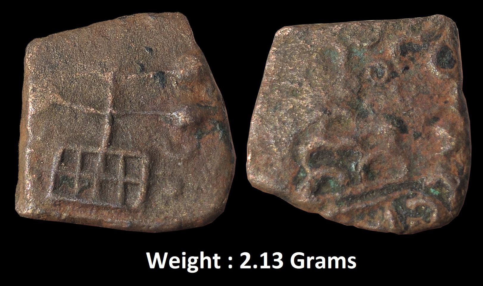 Ancient ; Central India Coinage ;
Obverse : Tree in railing .
Reverse : 5 Arch Hill with Nandipada symbol.