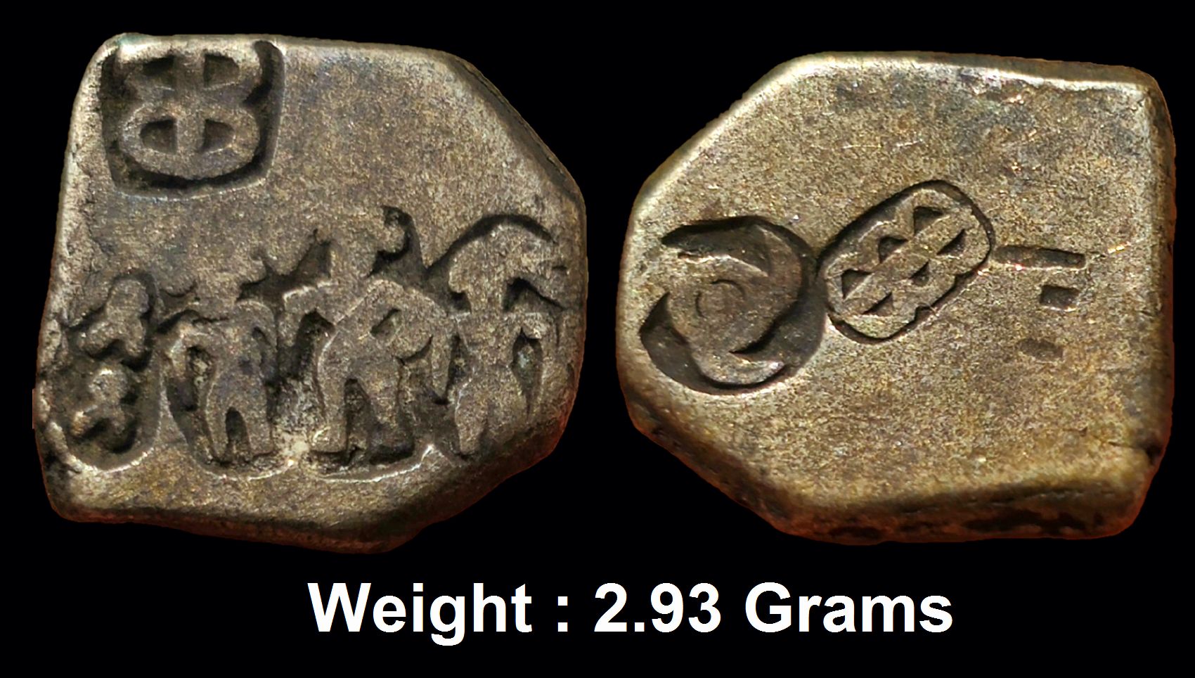 Ancient ; Scarce Archaic Punch Marked Coinage, Magadha Imperial, Silver Karshapana,
Note : Three human figures in a single punch on obv ; bankers mark on reverse , similar to Series VII of the post-Mauryan period (Gupta & Hardaker 358).
Some scholars attribute the three human figure representation to Rama, Sita and Lakshmana ; Weight: 2.93 Grams