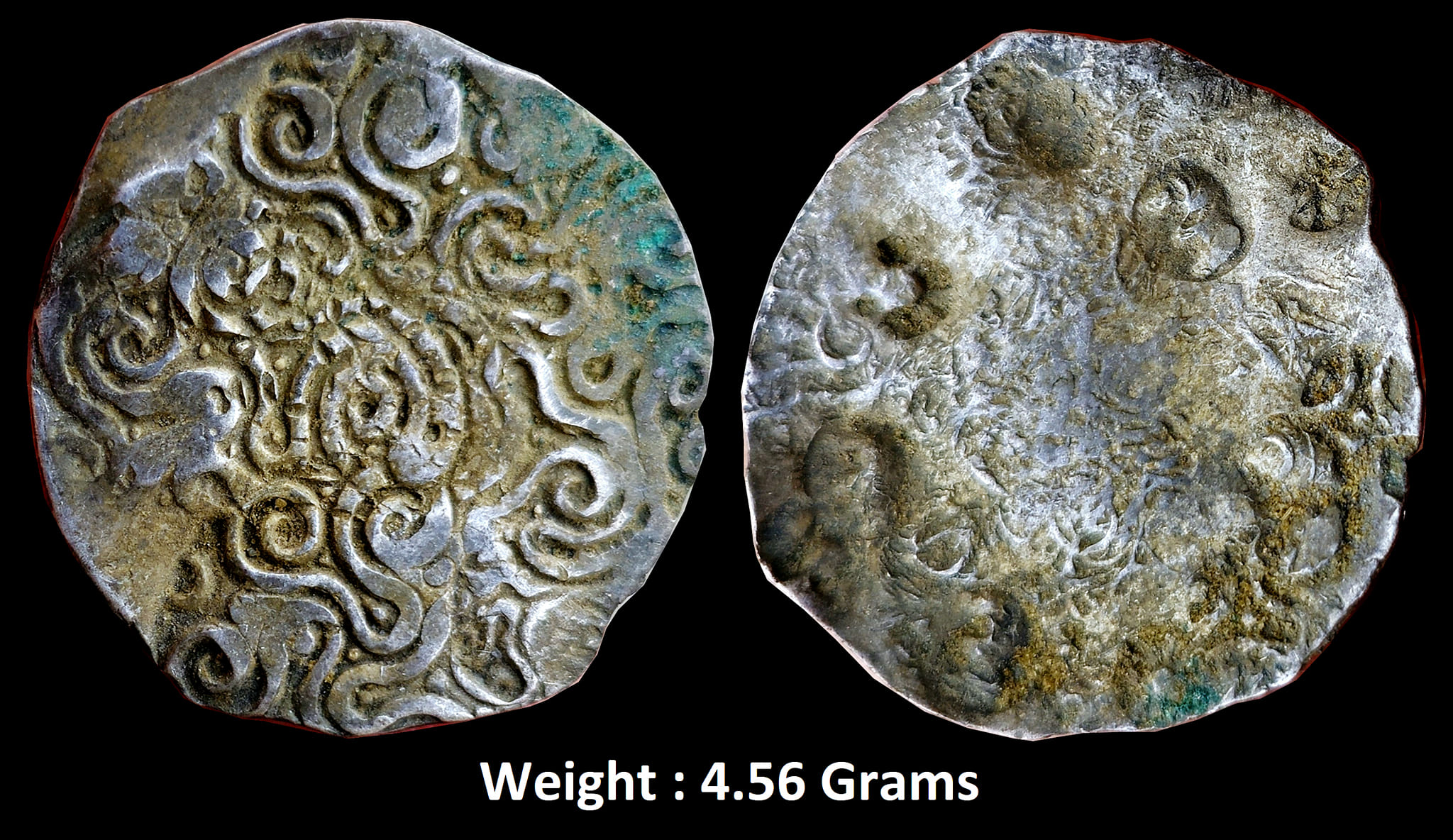 Ancient ; Punch Marked Coin, Panchala Janapada (400-350 BC), Varanasi-Jaunpur region, Silver Vimshatika, Rare Variety
Obv: 4x geometric symbols, Rev: various banker marks, 4.56g, 26.68mm, (Hardekar, 2019 # WH 9), Very fine, Rare in such grade.