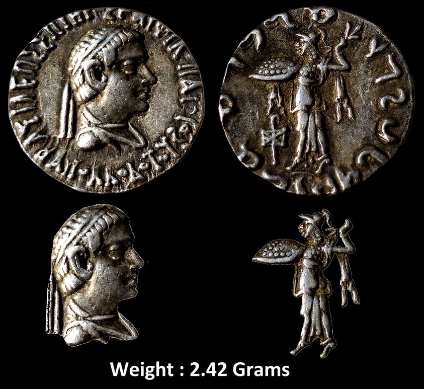 Indo Greek ; Apollodotus II, Extremely High Grade Silver drachm ; Weight: 2.42 Grams
Bare-headed, diademed bust of king right, Greek legend around:
BAΣIΛEΩΣ ΣΩTHPOΣ / AΠOΛΛOΔOTOY
(Basileos Soteros Apollodotou ... of King Apollodotus, the saviour)
Seen from behind, Athena Alkidemos standing left, holding aegis
on outstretched left arm, hurling thunderbolt with right hand, monogram at right,
Kharoshthi legend around: maharajasa tratarasa / apaladatasa
Reference: MIG 425 var, Bop 1 var
