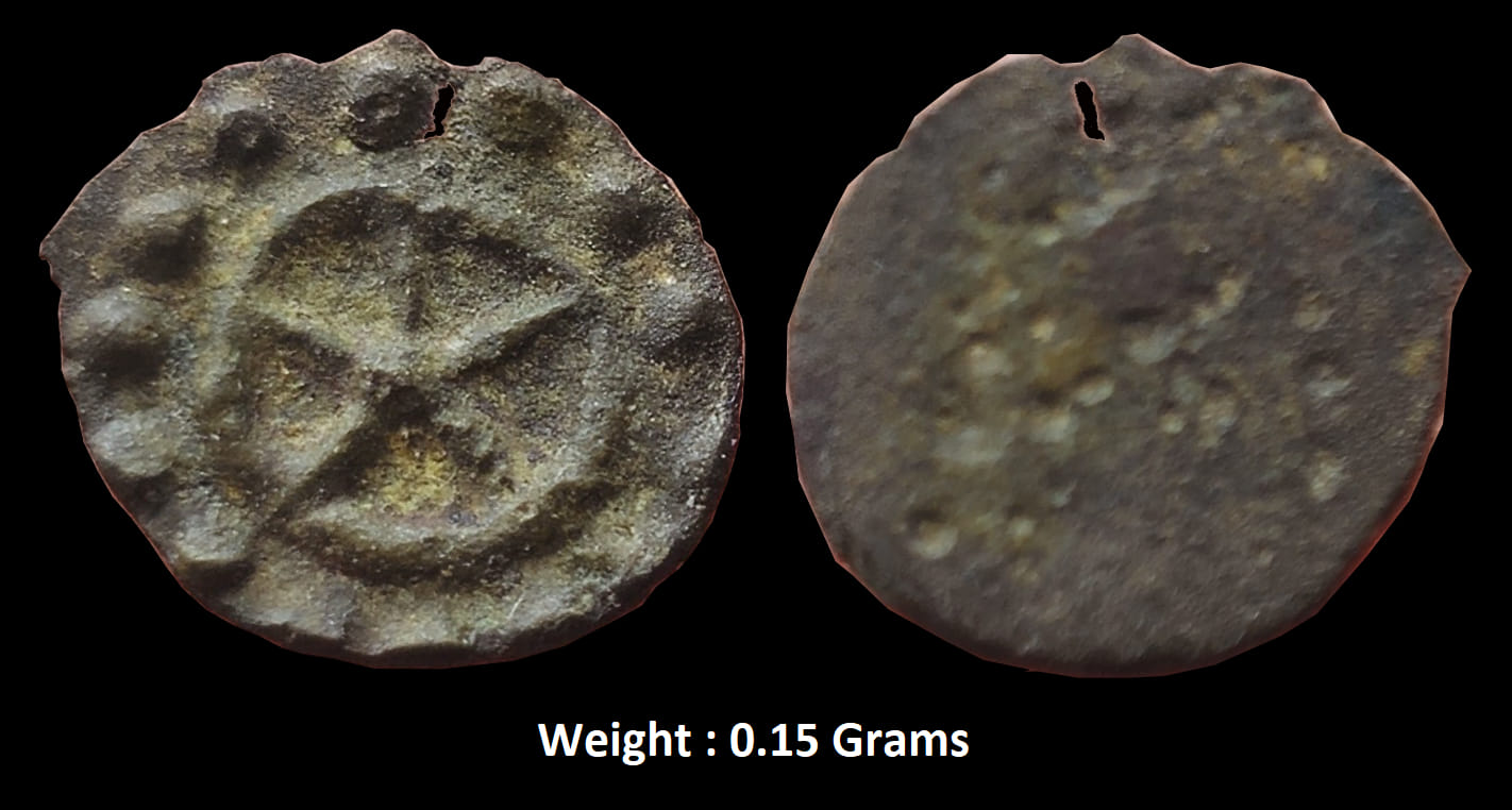 Ancient : Kadambas of Banavasi, (AD 325-620), Potin Unit, Obv: 5-Spoked Wheel, Rev: uniface, 0.15 Gms, 9.20 mm, Extremely fine, Very Scarce.