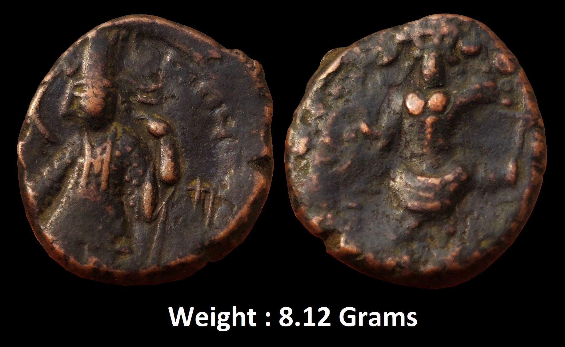 Ancient ; Kushan empire ; Kanishka II (c. 230-247 AD) ; AE coin (8.12 g) ; Mint: Gandhara (probably Peshawar) ;
Obv : Kanishka II standing left, holding trident and sacrificing over altar to left
Rev : Goddess Ardoksho seated facing on throne, holding cornucopia
Ref: ANS Kushan 1203-1205