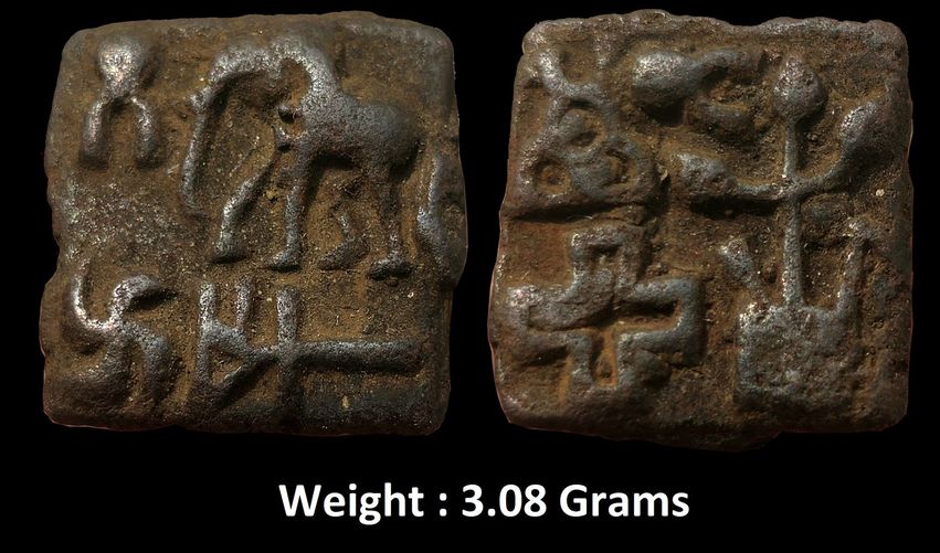 Ancient ; Mauryan Empire, Sunga Kingdom Cast Copper Unit – Indradhvaja Below
(150 BC-100 AD) ; Weight : 3.80 Grams
W. Pieper# 321

Obverse : Elephant walking to left side over ladder, taurine & swastik above, Indradhvaja Below.

Reverse : Tree in Railing, Hallow Cross Three Arch Hill, taurine.

Note : Mitchiner classified the rectangular Elephant Multi symbol Type Cast Copper coins with Indradhvaja left of the elephant as Mauryan issues and specimens with Indradhvaja beneath the elephant as Sunga issues.