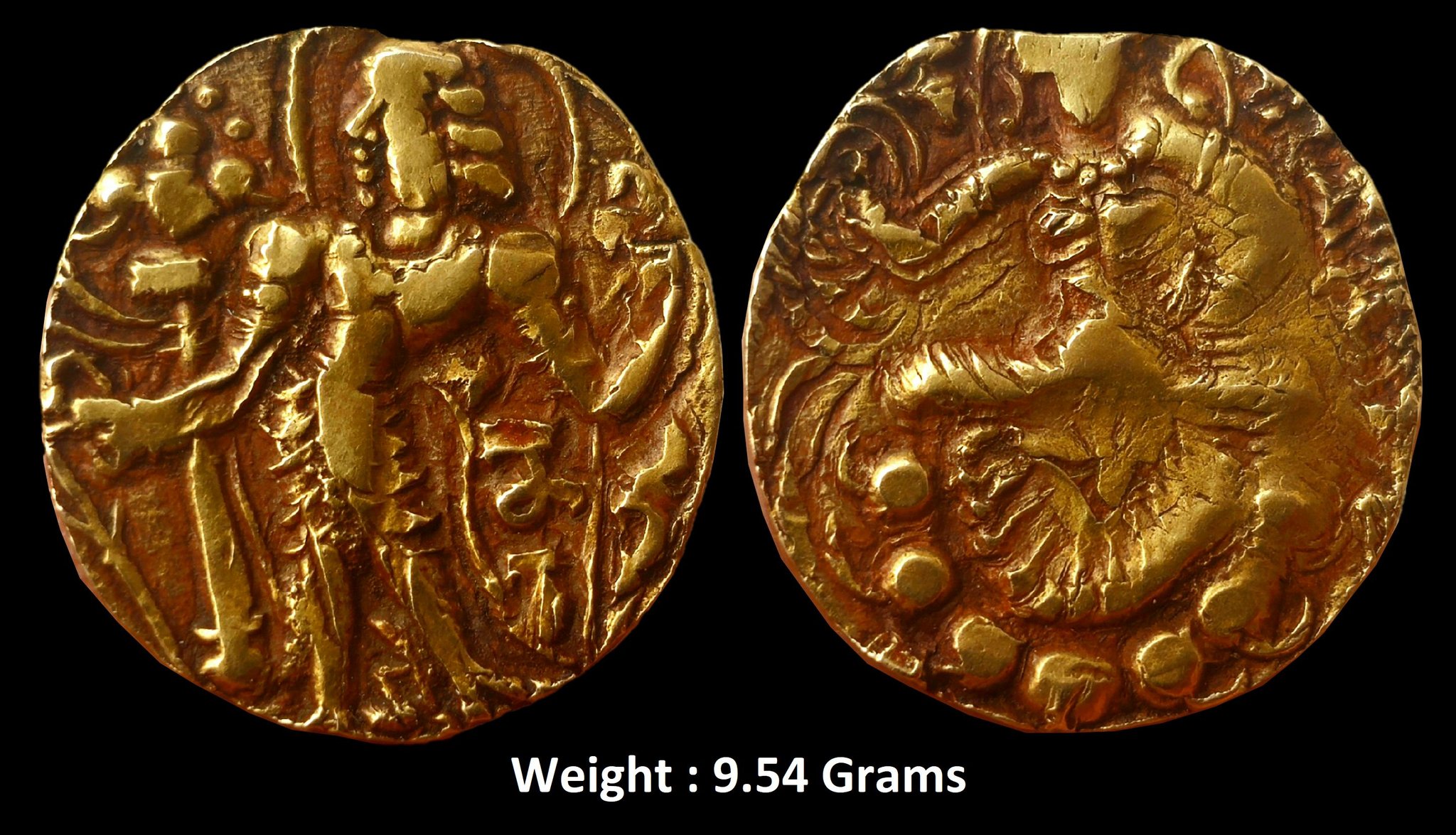 Ancient ; Gupta Dynasty ; Narasimhagupta (Baladitya) (510-530 CE), Gold Dinar, "Archer" type, Obv: the king standing facing left, nimbate, holding a longbow in his left hand and an arrow in his right, a Garuda standard in the left field, the Brahmi legend “Nara" below the king's arm and the letter "Gre" between king's feet, Rev: the goddess Lakshmi, nimbate, facing forward and seated in the padmasana posture on a lotus, holding a diadem in her right hand and a lotus in her left hand, whose stem is coming from inside the hand resting on her thigh, a tamgha in the left field (Variant of Altekar. Bayana Hoard # Pl. XXXII- 5/TGE, S. Kumar # Class. I)
Extremely Rare ; Weight : 9.54 Grams