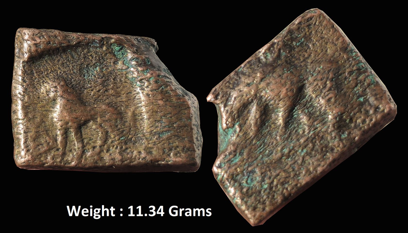 Ancient : Taxila - uninscribed copper die-struck local coinage of post-Mauryan period, (c.200-150 BC), biface series, 'elephant' type, PAIC 1490, Weight : 11.34 Grams
Obv: Elephant walking to left with traces of three-arched hill above.
Rev: Lion with traces of Swastika above and a three -arched hill in front, within a square incuse ; Rare.