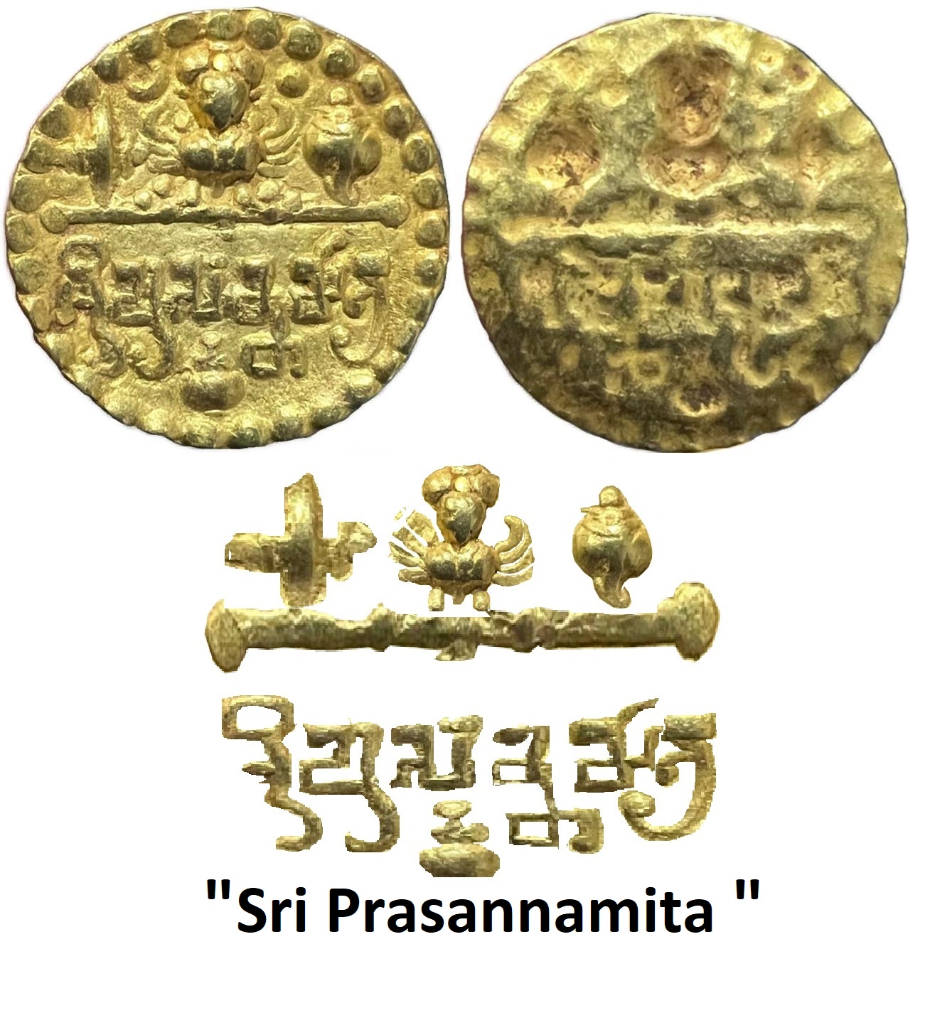 Ancient ; Sarabhapuriyas of Chattisgarh, Sri Prasannamitra* (525-550 AD), Gold Unit, Wt. 1.30g. (Prasannamatra), Obv: figure of Garuda with his wings spread and a conch and a chakra on his either side, brahmi legend below reading sri prasannamitra, vase at the bottom, dotted border around, Rev: blank. *About Uncirculated,* rare.
Remark : The Sarabhapuriya dynasty ruled in modern-day Chhattisgarh in central India, following the collapse of the Gupta empire.