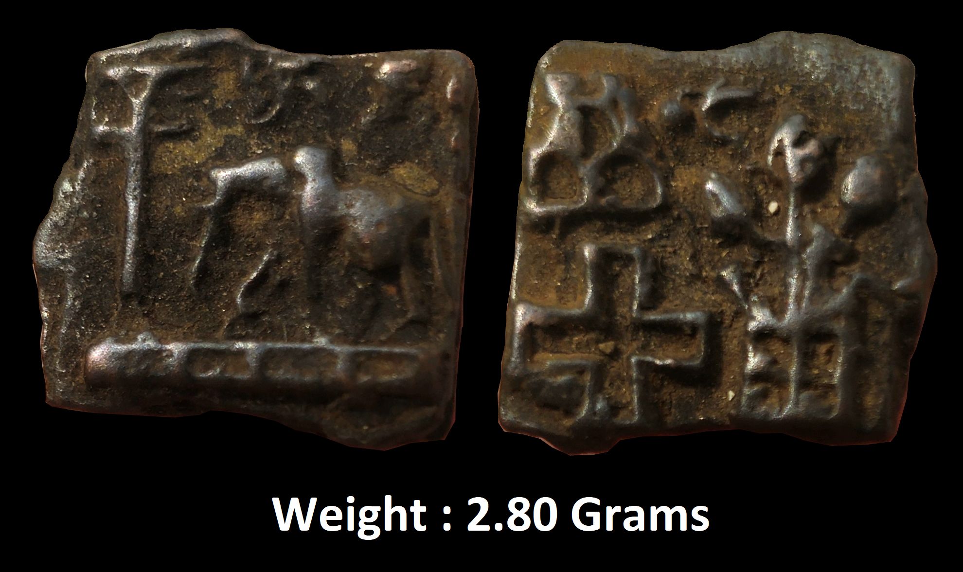 Ancient ; Maurya-Sunga dynasties ; c. 2nd century BC ; Cast Copper Unit (16 mm, 2.80g) ; Very Rare ;
Obverse : Elephant advancing left on ladder, with swastika above; indradhavaja to left
Reverse : Tree-in-railing to right ; to left, 3-arched hill and hollow cross