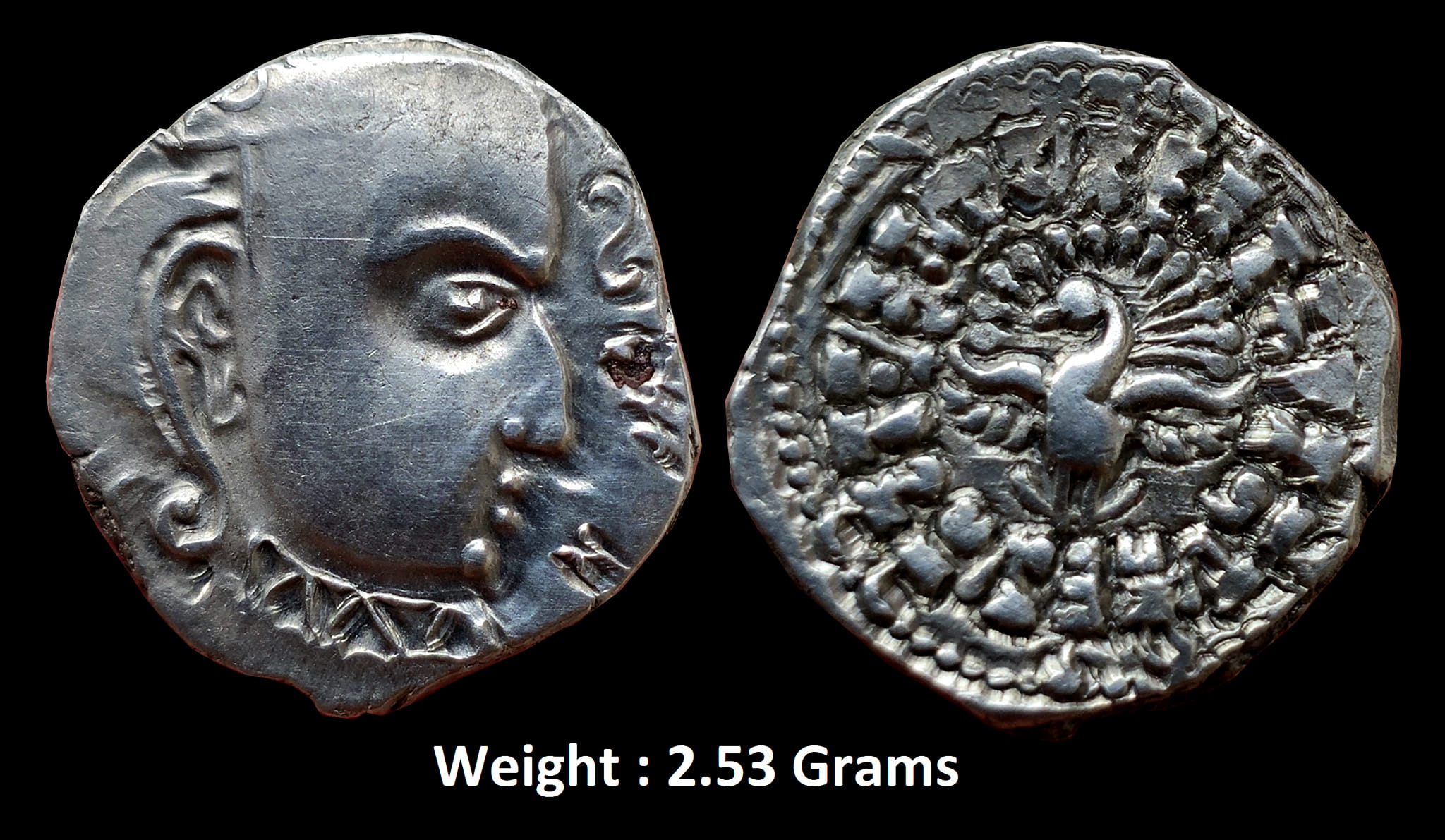 Ancient : Guptas, Skandagupta (c. 455-480 AD), Madhyadehsa type, Silver Drachma,  
Obv: Bust of king facing to right side, 
Rev: Garuda with wings outstretched in centre, and around Brahmi legend 'Vijitavaniravanipati jayati divam Skandaguptoyam'. S. Kumar # TOTGE, pp. 354. About Very Fine, Rare
Weight : 2.53 Grams 
Note : Hard to get full die struck coin with complete legend .