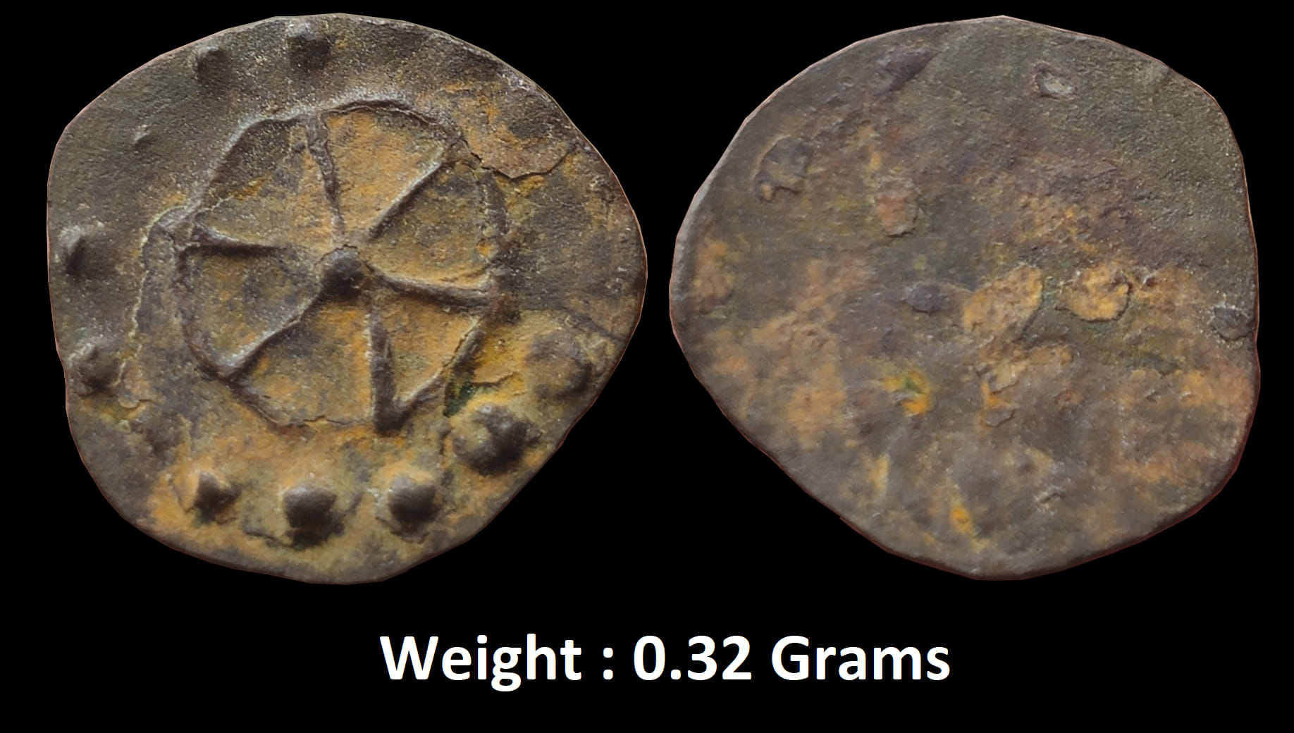 Ancient : Kadambas of Banavasi, (AD 325-620), Potin Unit, Obv: 6-Spoked Wheel, Rev: uniface, 0.32 Gms, 10.30 mm, Extremely fine, Very Scarce.