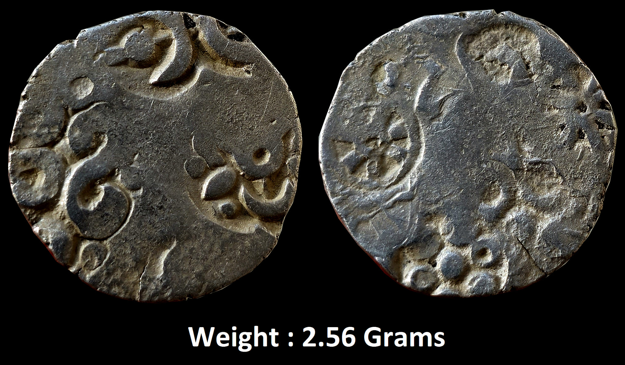 Ancient ; Archaic silver punch marked coin, Kosala Janapada, (525-465 BC), Karshapana, NW Uttar- Pradesh standard, Rajgor Series ; Very fine, Rare.
Weight : 2.56 Grams