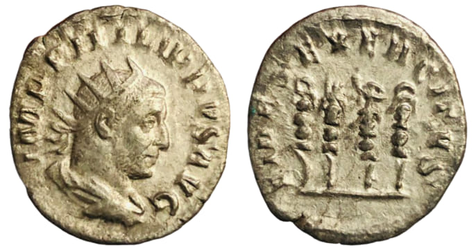 Ancient; PHILIP I. Silver AR, Antoninianus. 244-249 AD.
Mint ; Rome,
Legionary Standards, FIDES EXERCITVS.
Obv ; IMP PHILIPPVS AVG, radiate draped and cuirassed bust right.
Rev ; FIDES EXERCITVS, four standards, one of which is a legionary eagle.
Cat: RIC 62
Weight ; 3.7 grams,
Nice tone, Very fine and rare