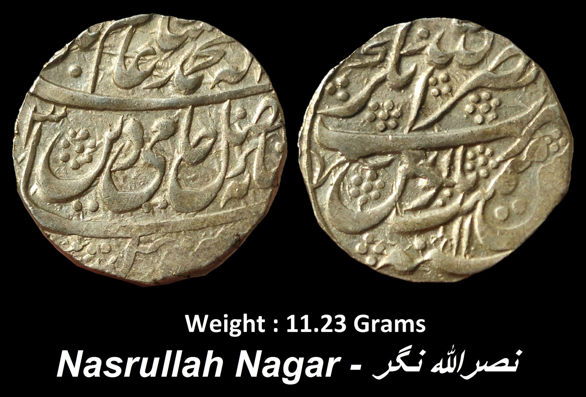 Independent Kingdom - Rohilkhand
Nasrullah Khan, Very Rare Silver Rupee,
Weight : 11.23 Grams
Mint : Nasrullanagar ( Full Mint ) ,INO Shah Alam II, (KM 106).