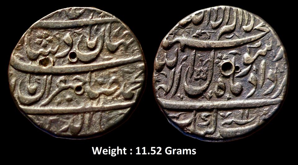 Mughal : Shah Jahan (AH 1037-1068, 1628-1658 AD), Rare Silver Rupee,
Mint : Katak Mint (full visible at bottom on rev), Ilahi Month Khurdad (Gemini), KM # 224.13,
Note : Sanah 11 ( RY 11 ) written before Mint.
Sahib-e-Qiran Type ; Weight : 11.52 Grams