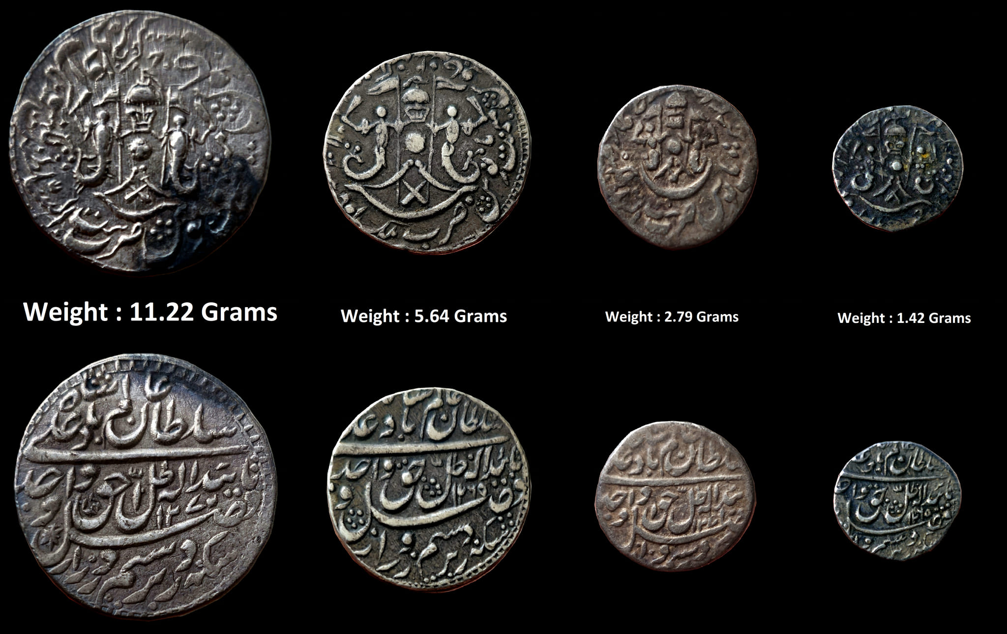 Awadh State ; Extremely Rare Wajid Ali Shah Set of 4 different denomination ( Silver Rupee , 1/2 Rupee , 1/4 Rupee & 1/8 Rupee )