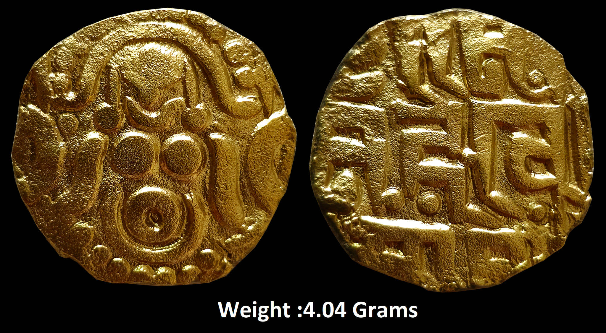 Delhi Sultanate
Muhammad bin Sam, ruled 1193-1206 AD
Base Gold (Approx 20 mm, 4.04 Grams )

Obverse: Goddess Lakshmi seated
Reverse: Devanagari legend in 3 lines Sri Maha/mad bini/ Sam
Mint: Kanauj
Ref: Stan Goron & J.P. Goenka, The Coins of the Indian Sultanates, D5

Muhammad bin Sam was the Afghan invader who established the first Muslim kingdom at Delhi. He copied the Lakshmi type gold coins of the Hindu kings he defeated. He replaced their name with his own name on reverse, keeping the Devanagari legend so it could be read by the native population.

This is an important marker in the increasing control of the fledgling Delhi Sultanate and its use of coinage as a propaganda tool. The Muslim sultan probably just continued with the existing mints of the Rajputs, merely changing the name on the coins.

An attractive specimen with the complete legend on reverse.