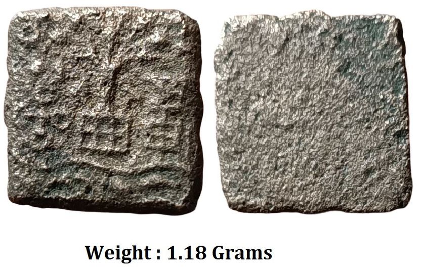 ancient-punch-marked-eran-vidisha-region-copper-fractional-unit-1-18-grams-with-punches-showing-tree-in-railing-ujjaini-symbol-triangular-headed-standard-in-railing-and-river-with-fishes-all.jpg Ancient ; Punch Marked ; Eran-Vidisha region ; Copper Fractional Unit ; 1.18 Grams, with punches showing ; tree in railing ; ujjaini symbol ; triangular headed standard in railing and river with fishes (Allan BMC pl. 18).