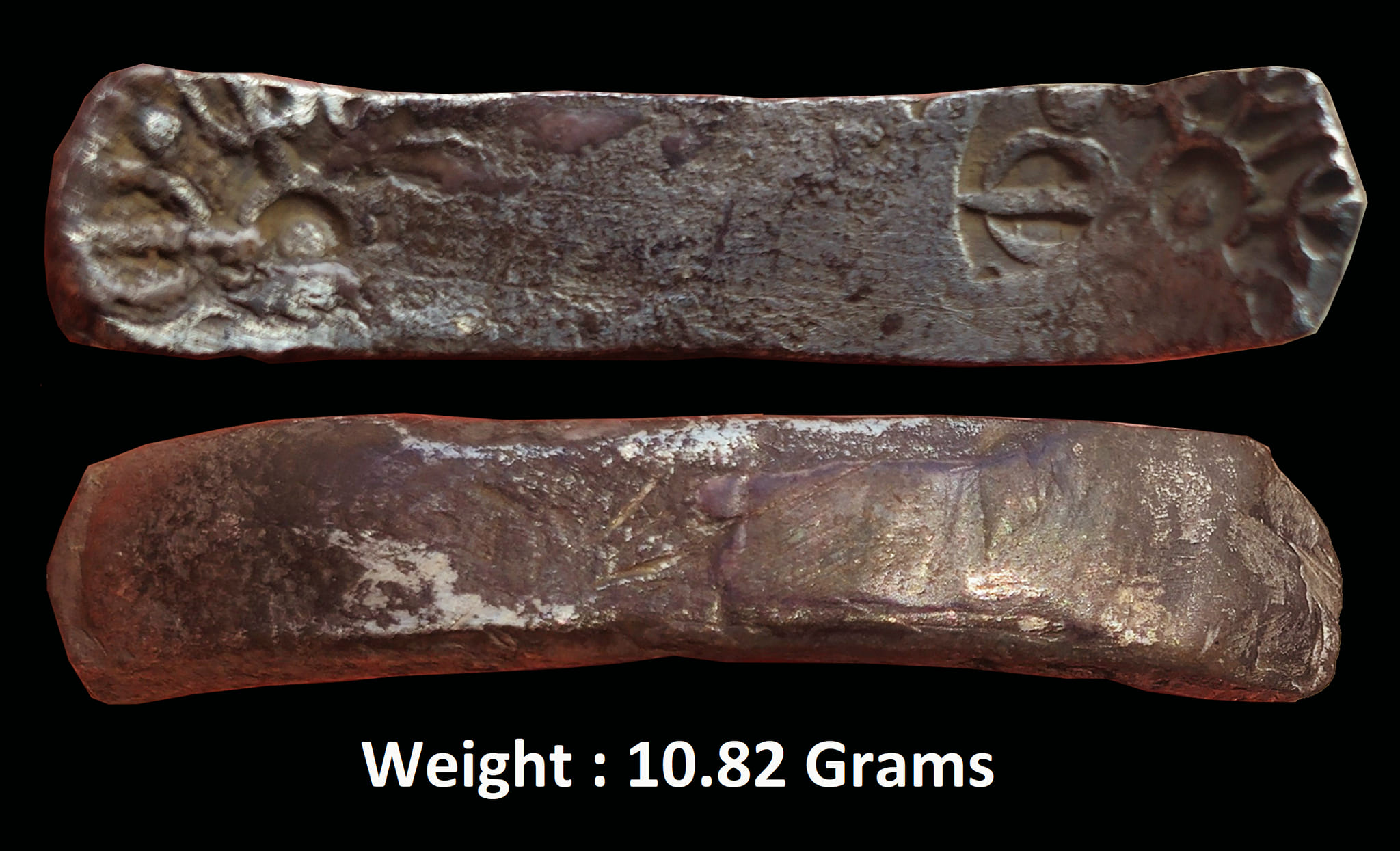 ancient-punch-marked-coin-gandhra-janapada-600-300-bc-rare-silver-bentbar-satamana-rl-obv-2-six-petaled-flower-each-end-of-the-bar-rev-uniface.jpg Ancient ; Punch-Marked Coin ; Gandhra Janapada (600-300 BC), Rare Silver Bentbar (Satamana) ; Rl Obv: 2 six petaled flower each end of the bar Rev: uniface ;
