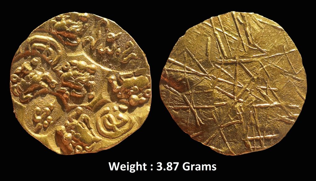Early Medieval Bharat ; Nolambas of Nolambavadi, Circulation Era: 8th – 11th Century CE ; PMC (Punch Marked Coin) ; Gadyana ; Weight: 3.82 Grams ; Gold Unit ;