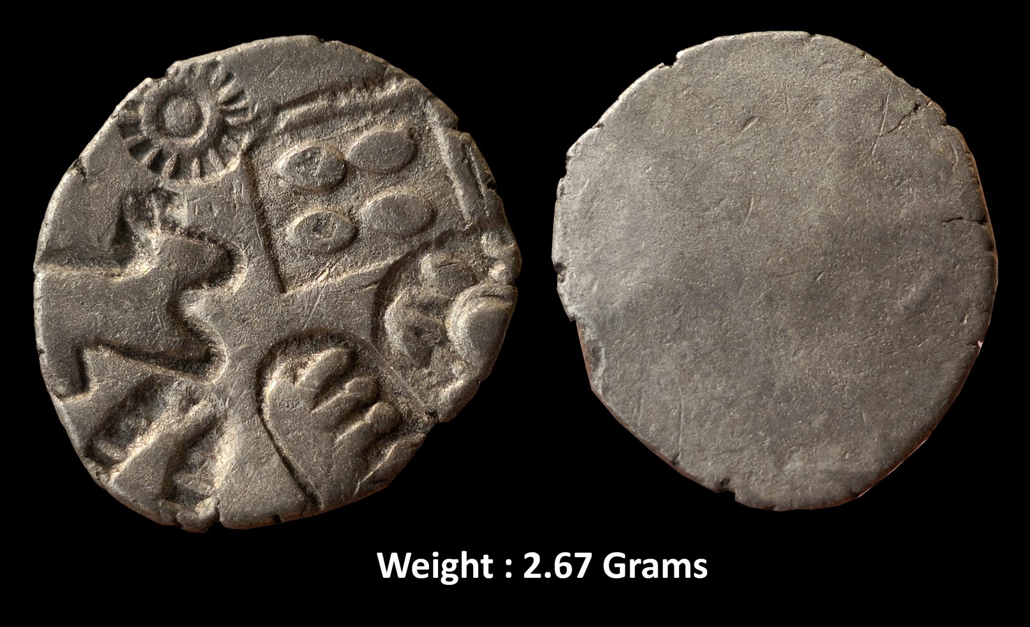 ancient-archaic-punch-marked-coinage-attributed-to-magadha-janapada-rare-large-flan-silver-karshapana.jpg Ancient ; Archaic Punch Marked Coinage ; Attributed to Magadha Janapada ; Rare LARGE FLAN Silver Karshapana ;