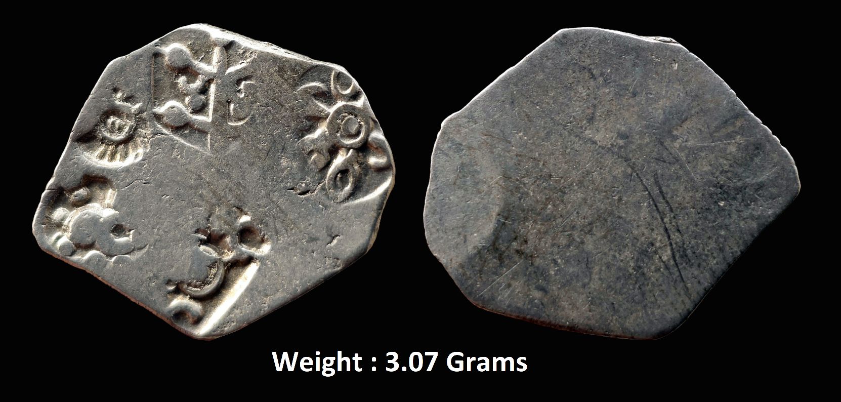 ancient-archaic-punch-marked-coinage-attributed-to-magadha-janapada-scarce-large-flan-silver-karshapana.jpg attributed to Magadha Janapada ; SCARCE LARGE FLAN Silver Karshapana
