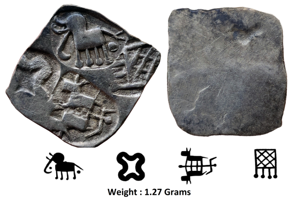 Ancient ; Archaic Silver Punch Marked Coin ; Wainganga-Mahanadi Divide ; Umred hoard type ; Attributed to 'Vidarbha Janapada' ; (c.300-200 BC) ; Light ½ Karshapana standard