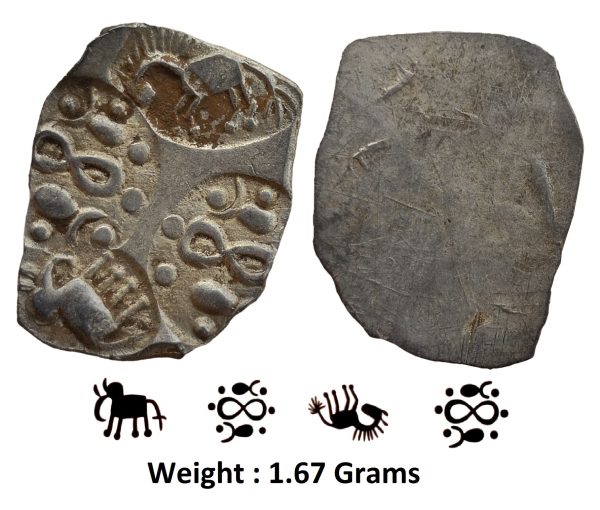 Ancient ; Archaic Punch Marked Coinage ; Attributed to Vidarbha Tanapada ; Godavari Valley ; Silver 1/2 Karshpana ; Series IC Makhala Type