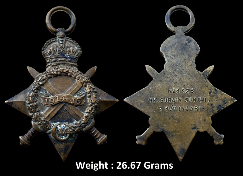 Medal ; British and Imperial Forces (1914-15) ; First World War ; Bronze ; War Medal ; Awarded to "N94326 N.K.SURAIN SINGH 24/ PUNJABIS "