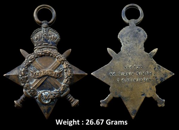 Medal ; British and Imperial Forces (1914-15) ; First World War ; Bronze ; War Medal ; Awarded to "N94326 N.K.SURAIN SINGH 24/ PUNJABIS "