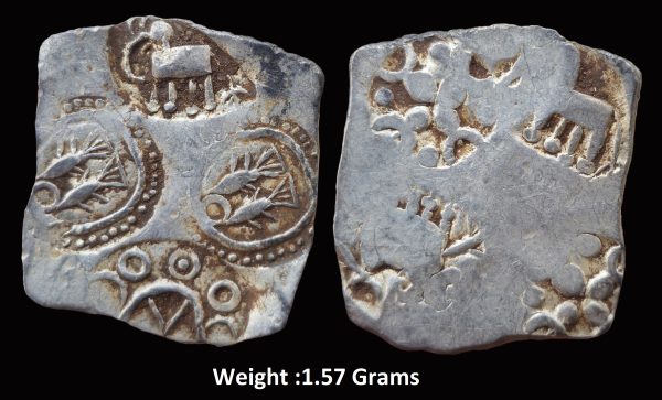 Ancient ; Archaic Punch Marked Coinage ; Attributed to Vidarbha Janapada ; Godavari valley ; Silver ½ Karshpana ; Series II ; Makhala Type