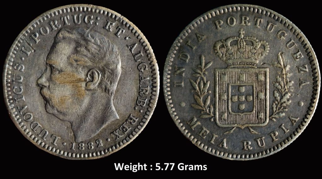 Indo Portuguese ; Luiz I ; Rare Silver MEIA 1/2 RUPIA ; Year 1882