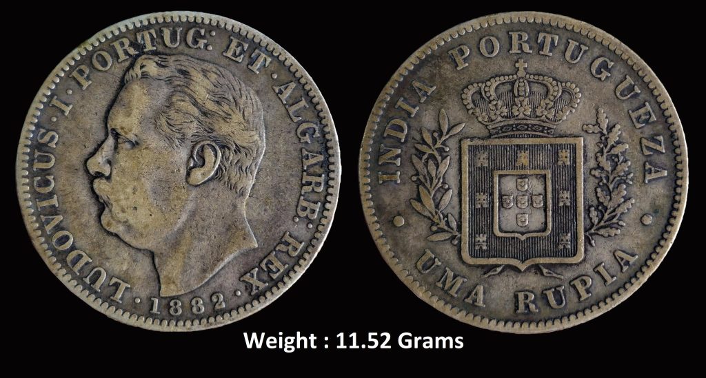 Indo Portuguese ; Goa ; Luiz I (Ludwig) ; High Grade Rare Silver Uma Rupia / Rupee ; 1882 (KM 312)