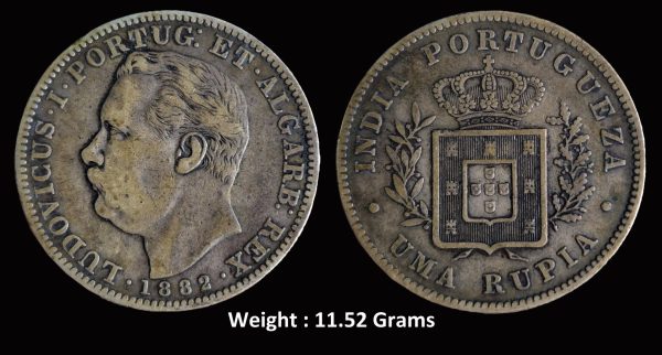 Indo Portuguese ; Goa ; Luiz I (Ludwig) ; High Grade Rare Silver Uma Rupia / Rupee ; 1882 (KM 312)