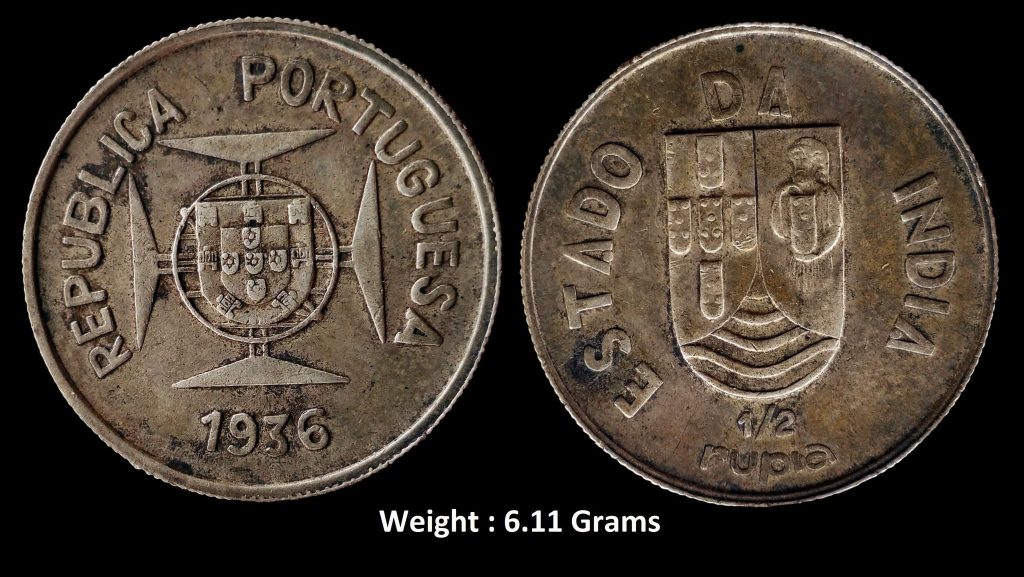 Indo Portuguese ; Colonial Issue ; Silver 1/2 Rupia of Goa ; Year of Issue : 1936