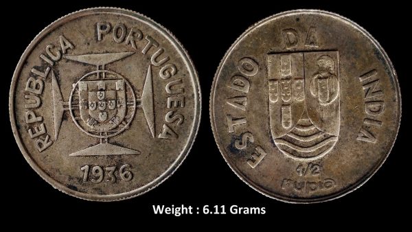 Indo Portuguese ; Colonial Issue ; Silver 1/2 Rupia of Goa ; Year of Issue : 1936