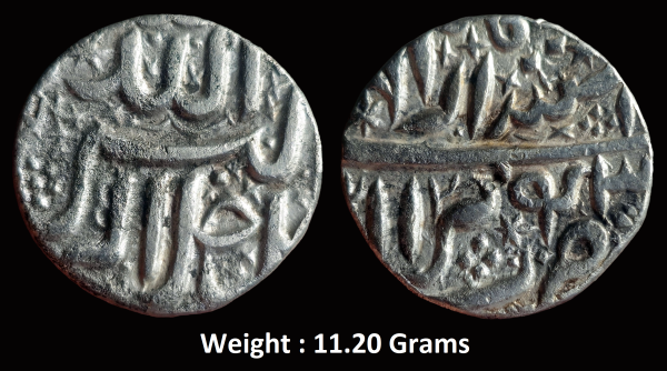 Mughal ; Akbar ; Rare Silver Rupee ; Mint : Berar ( Full Mint ) ; Illahi Month: Isfandarmurz ; RY 43
