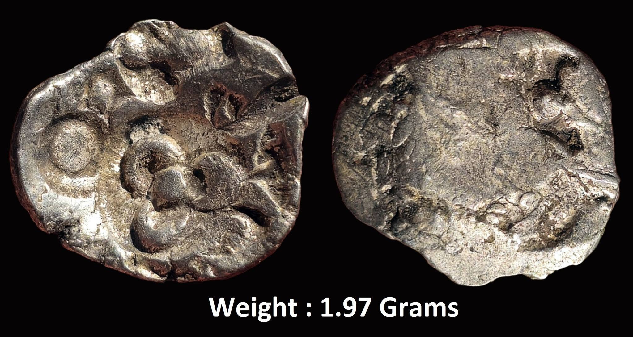 ancient-punch-marked-coinage-archaic-punch-mark-series-from-middle-ganga-valley-5th-century-bc-silver-1-2-vimshatika.jpg Ancient ; Punch Marked Coinage ; Archaic punch mark series from middle Ganga valley ; (5th Century BC) ; Silver 1/2 Vimshatika